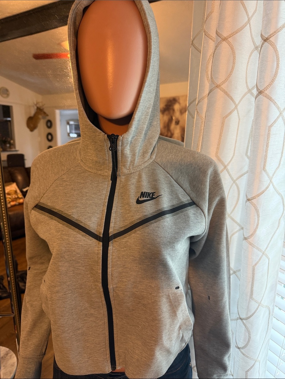 Nike Women's Light Gray Hooded Zip Bomber with Black Accents